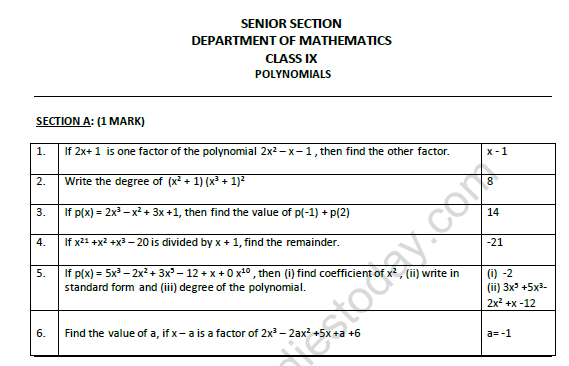 Cbse Class 9 Mathematics Polynomials Worksheet Set C